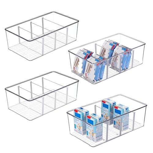 Vtopmart 4 Pack Food Storage Organizer Bins, Clear Plastic Bins for Pantry, Kitchen, Fridge, Cabinet Organization and Storage, 4 Compartment Holder Packets, Snacks, Pouches, Spice Packets image