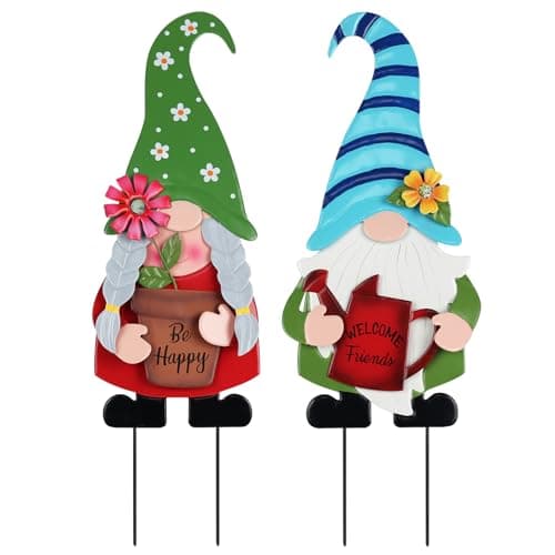 YEAHOME Garden Decor for Outside, Set of 2 Metal Gnomes 27.6” Decorative Garden Stakes with Flowers for Spring Decor, Yard Art Stakes for Outdoor Lawn Backyard Porch Garden Decorations image