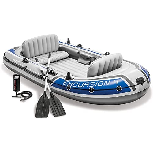 INTEX 68324EP Excursion 4 Inflatable Boat Set: Includes Deluxe 54in Boat Oars and High-Output Pump – Adjustable Seats with Backrest – Fishing Rod Holders – 4-Person – 1100lb Weight Capacity image