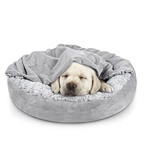 JOEJOY Small Dog Bed Cat Bed with Hooded Blanket, Cozy Cuddler Luxury Puppy Pet Bed, Donut Round Calming Anti-Anxiety Dog Burrow Cave Bed - Anti-Slip Bottom and Machine Washable 23 inch image