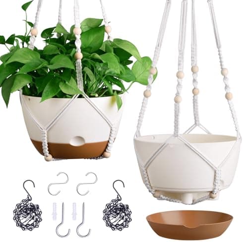 Set of 2-10 Inch Hanging Planters for Indoor Plants with Self-Watering Includes Hanging Pots for Plants, Outdoor Hanging Plant Pot with Drainage, and 2 Types of Hanging Baskets Hangers (White, 10inch) image