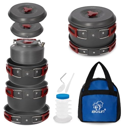 Bulin Camping Cookware Mess Kit, Nonstick Backpacking Cooking Set, Outdoor Cook Gear for Family Hiking, Picnic| Lightweight Cookware Sets(Kettle, Pots, Frying Pan, BPA-Free Bowls, Plates, Spoon) image