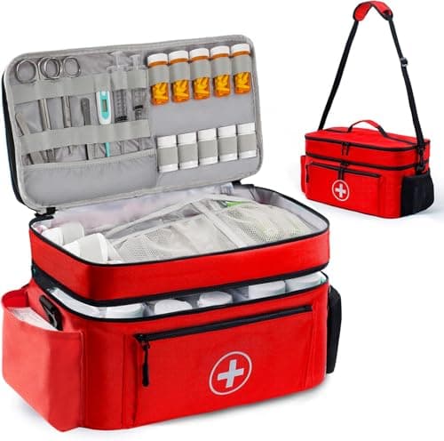 Medicine Organizer and Storage Bag Empty, Family First Aid Box, Pill Bottle Organizer Bag for Emergency Medication, Supplements or Medical Kits, Zippered Medicine Bag for Home and Travel (Red) image