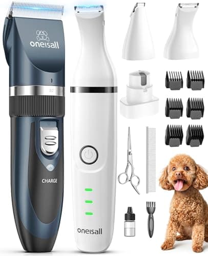 oneisall Dog Clippers and Dog Paw Trimmer Kit 2 in 1 Low Noise Cordless Dog Clippers for Grooming Pet Hair Trimmers for Small and Large Dogs Cats Animals image