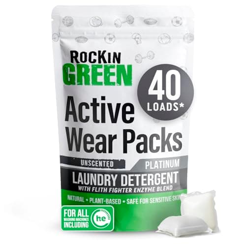 Rockin' Green Laundry Detergent Pods, Plant-based, All Natural, Vegan & Biodegradable Odor Fighter, Safe for Sensitive Skin (Unscented, Active Wear 40 Pods) image