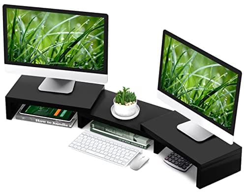 TAVR Dual Monitor Stand Riser Office Desktop Organizer Stand for 2 Monitors, Adjustable Length and Angle 3 Shelf, Extra Long Multifunctional Stand up to 48.2" fit Computer, Laptop, TV, Black image
