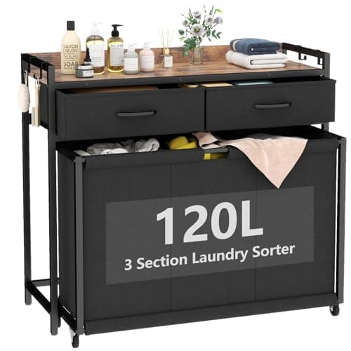 STIKELY Laundry Hamper Laundry Basket with 3 Section Pull-Out Rolling Bags, Laundry Sorter for Organization and Storage with 2 Pull-Out Drawers for Laundry Room, Bathroom, Bedroom Use (Rustic Brown) image