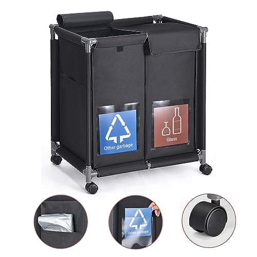 Hivexagon 2 in 1 Garbage Recycle Sorting Basket,2 Cover Top Compartments with Wheels,2 Front Transparent Display Pockets 110L Large Capacity Perfect for Kitchen Office image