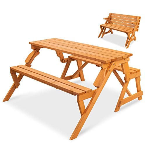 Best Choice Products 2-in-1 Transforming Interchangeable Outdoor Wooden Picnic Table Garden Bench for Backyard, Porch, Patio, Deck w/Umbrella Hole - Natural image