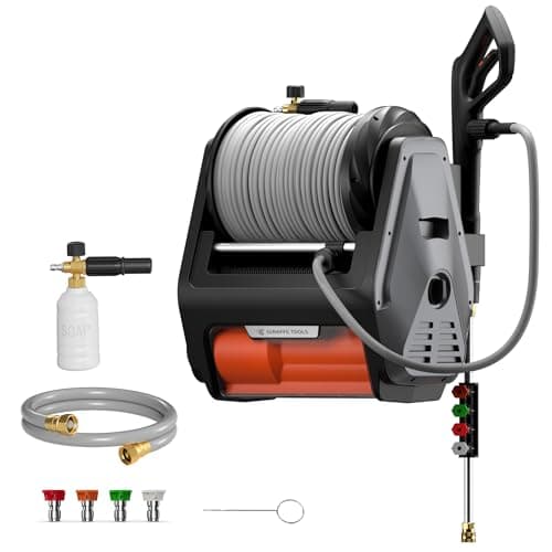 Giraffe Tools Grandfalls Pressure Washer Pro, Electric Wall Mount Power Washer with 100FT Retractable Pressure Hoses, 3700PSI, 1.6GPM, 4 Nozzles, Foam Cannon for Cars/Patios, Dark Silver image