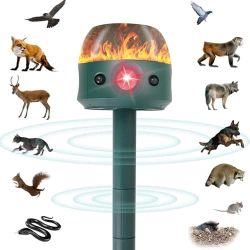 Ultrasonic Solar Animal Repeller for Yard, 5 Modes Outdoor Cat Squirrel Repellent with Motion Sensor, Flame Light, Motor Vibration, Deterrent for Deer Skunk Dog Snake Gophers for Yard Garden image