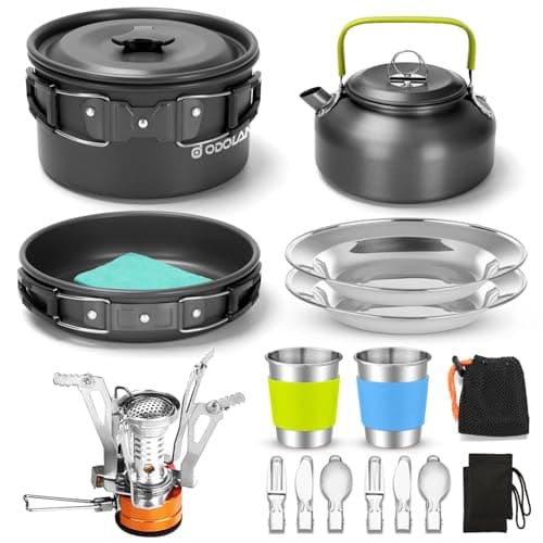 Odoland 16pcs Camping Cookware Set with Folding Camping Stove, Non-Stick Lightweight Pot Pan Kettle Set with Stainless Steel Cups Plates Forks Knives Spoons for Camping Backpacking Outdoor Picnic image