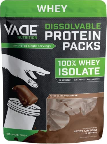 VADE Nutrition Dissolvable Protein Packs - 100% Whey Isolate Protein Powder Chocolate Milkshake - Low Carb, Low Calorie, Lactose Free, Sugar Free, Fat Free, Gluten Free - 30 Packets to Go image