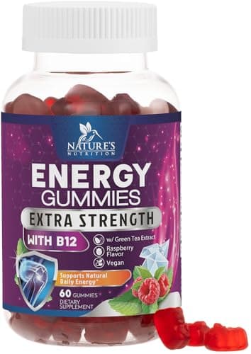 Energy Gummies Vitamin B12 1000 mcg, Green Tea Natural Caffeine Support, Extra Strength Daily Energy Vitamins, Delicious Berry Flavor Gluten Free Chewable Supplement for Cycling & Running - 60 Chews image