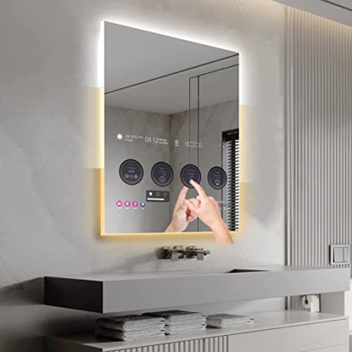 Leotachi 33" x 24" Smart Bathroom Vanity Waterproof Mirror Build in 21.5" Touch Screen TV with Adjustable 3 Color Led Lighted/Bluetooth/Weather Forecast/Health Monitoring/Watch Streaming image