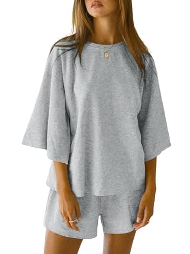 Tankaneo Womens Pajama Sets 3/4 Sleeve Oversized Tops and Elastic Waist Shorts Lounge Sets Loungewear image