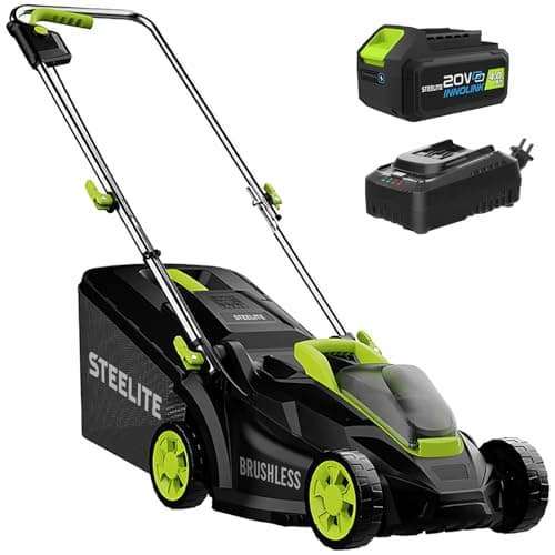Steelite 13.2” Electric Lawn Mower for Small Yards - 2-in-1 Compact, Lightweight Brushless Motor, 21V 4.0Ah Battery & Charger Included, Green image