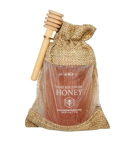 100% Authentic, USA – Made [ 4 oz ] MINI Raw Unfiltered Honey with Honeycomb Gourmet Gift Bag with Dipper, Pure Southern Honey - Unheated - Non - GMO, No Additives, All - Natural Sweetener- Environmental-Friendly Glass Jar image
