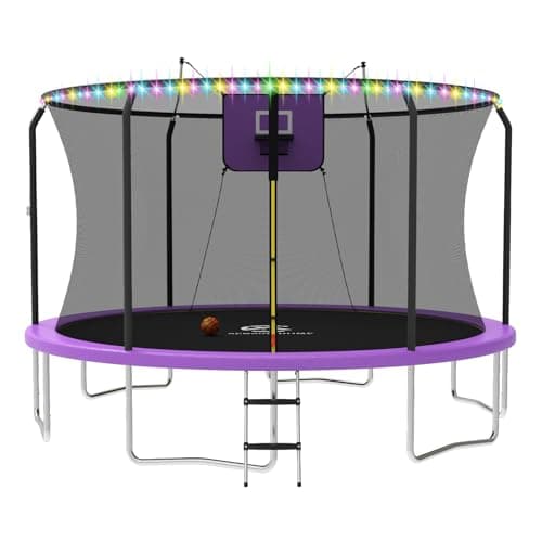 ACWARM HOME 14 FT Trampoline for Kids and Adults, Trampolines with Basketball Hoop and LED Lights image