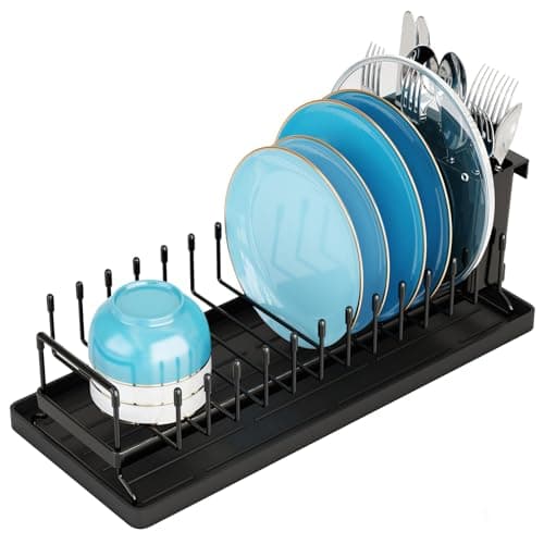ANTOPY Small Dish Drying Rack - Compact Dish Rack for Kitchen Counter with Silicone Dish Drying Mat, Stainless Steel Dish Drainer for Kitchen Sink Cabinet, Space Saving Plate Rack Cutlery Holder image