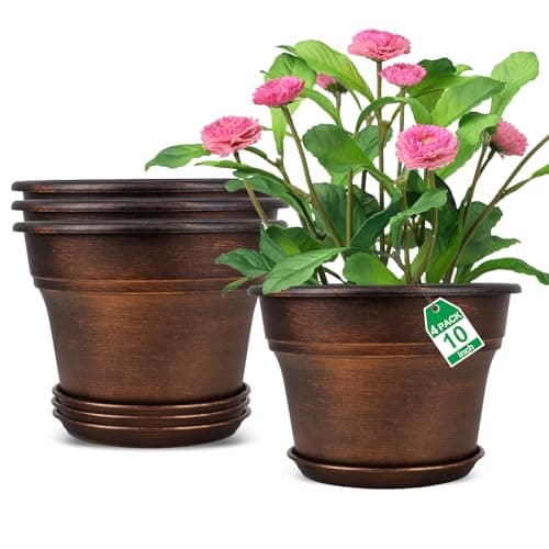 10 Inch Planters Plant Pots Indoor Outdoor, 4 Pack Plastic Flower Pot for Indoor Plants with Drainage Holes & Trays, Resin Decorative Container Sets with Saucer for House Garden Copper image