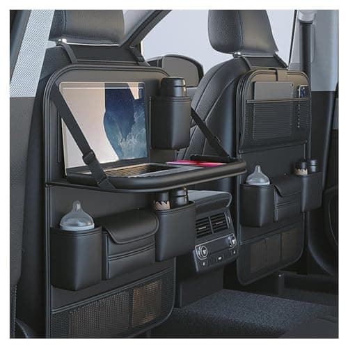 Primst 2 Pack Leather Car Backseat Organizer with Foldable Table Tray, Car Seat Back Protectors Kick Mats, Foldable Car Seat Organizer with Tablet Holder image