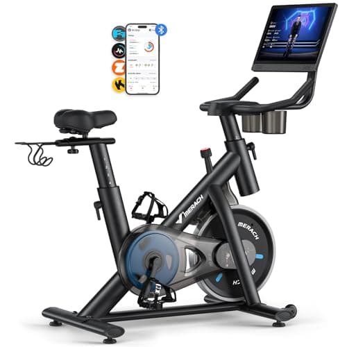 MERACH Exercise Bike, Magnetic Resistance Stationary Bike with Screen, 300lbs Indoor Cycling Spin Bike with Exclusive App, Comfortable Bike Seat, Tablet Mount and Fitness Courses for Weight Loss image