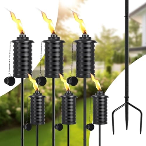 SNOGSWOG Citronella Torches for Outside Set of 6, 16 Oz Outdoor Garden Torches with 3-Prong Grounded Stake, 59 Inch Metal Torch for Garden Décor, Outside Torches for Backyard, Garden, Patio image