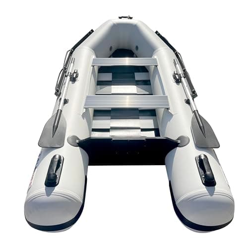 elelife 9.5FT Inflatable Boat, 3-4Person Portable raft, Double Row Aluminum seat Board, Double-Layer Aluminum Floor, Inflatable Sports Fishing Small Boat, with Panel Paddle air Pump image