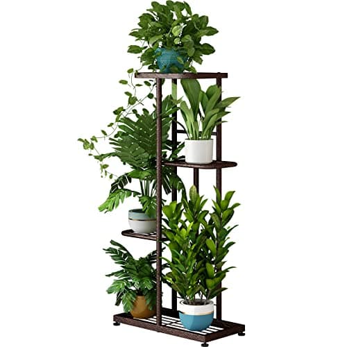 LINZINAR Plant Stand Metal 4 Tier 5 Potted Multiple Flower Pot Holder Shelf Indoor Outdoor Planter Display Shelving Unit for Patio Garden Corner Balcony Living Room (4 Tier 5 Potted, Bronze) image