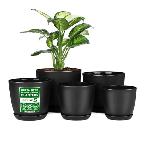 Lifemaster Plant Pots with Multi Drainage Holes - 5 Pieces Versatile, Sturdy Plastic, Stackable Design Home Decor Flower Pots for Indoor and Outdoor Gardening - Black image
