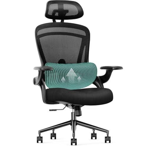 Sweetcrispy Ergonomic Mesh Office Chair, High Back with 2D Headrest, Up&Down Lumbar Support, Swivel Computer Task Desk Chairs with Adjustable Flip-up Armrests, Black image