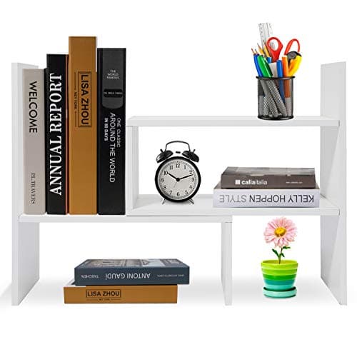 Hossejoy Desk Shelf, Adjustable Desktop Storage Organizer, Wood Display Shelf Rack, Office Supplies Desk Organizer, White image