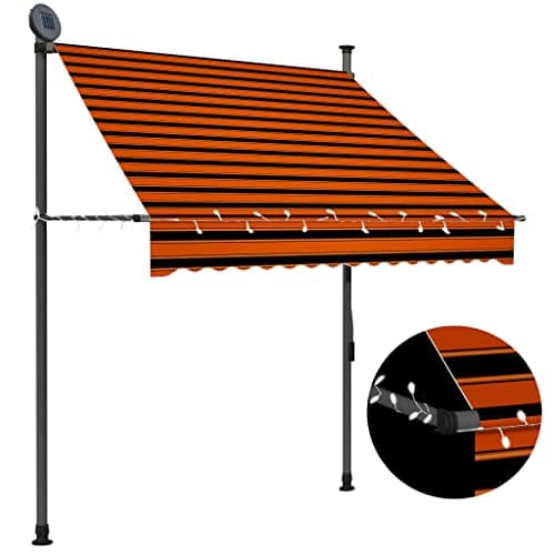 vidaXL Manual Retractable Awning with LED - Outdoor Sun Protection, UV-Resistant, Water-and-Dirt Repellent, Easy-to-Clean Canopy with Adjustable Height and Angle, 59.1" Width - Orange and Brown image