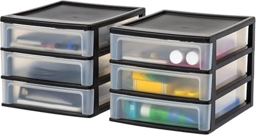 IRIS USA Plastic Stacking Desk Top 3-Drawer Storage Organizer, 2-Pack, for Makeup Vanity Nail Polish Bathroom Stationery Art Craft Supplies Kitchen Office Garage and Small Organization, Medium, Black image