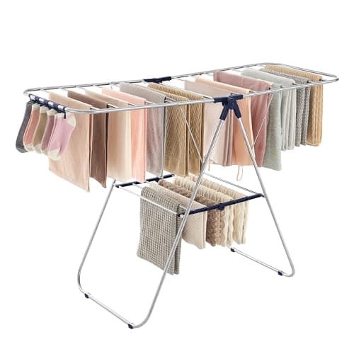 SONGMICS Clothes Drying Rack, with Sock Clips, Metal Laundry Rack, Foldable, Space-Saving, Free-Standing Airer, with 2 Height-Adjustable Gullwings, Indoor Outdoor Use, Silver and Blue ULLR52BU image