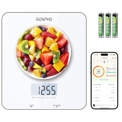 RENPHO Food Scale with Nutritional Calculator, Digital Kitchen Scale for Weight Loss, Smart Food Weight Scale with App for Macro Keto Calorie Cooking, Grams and Ounces, White, 11lb/5kg image