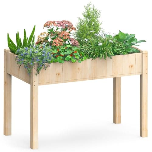 DUMOS Raised Garden Bed with Legs, 48x24x30in Wood Elevated Planter Box w/Bed Liner for Herbs Flowers Vegetables image