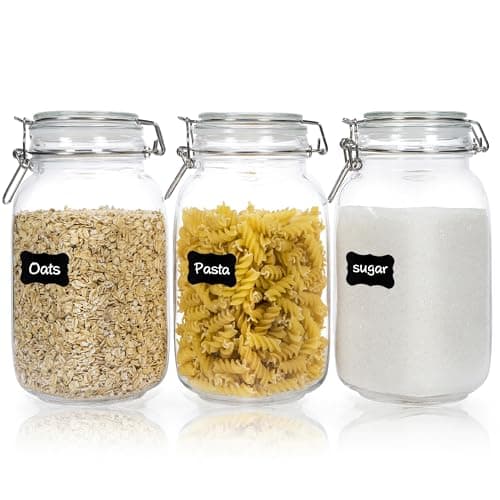 CHEFSTORY 50oz Airtight Glass Jars with Lids, 3 PCS Food Storage Canister for Kitchen & Pantry Organization, Square Mason Jar Containers for Storing Sugar, Flour, Cereal,Coffee,Cookies image