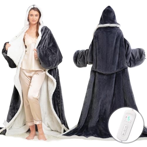 Wearable Heated Blanket with Foot Pocket, Electric Wearable Throw Blanket with Sleeves, Hood, Portable Heated Blanket with 8 Heat Settings, 1-10 Hours Auto Shut-off, Gift for Family, Friends, 50*70" image