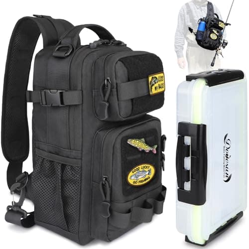 Dovesun Fishing Sling Tackle Bag with 3600 Tackle Trays, DIY Logos Fishing Backpack Fishing Tackle Storage Bag with Rod Holder-1pcs Tackle Box Sling Bag for Fishing Hiking Camping Black image