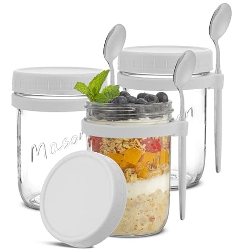 JoyJolt 3-Pack Glass Overnight Oats Jars with Lids and Spoons Set (16 oz), Mason Jars for Overnight Oats, Chia Pudding Jars with Lids - BPA-Free, Leak Proof Small Containers with Lids for Meal Prep image