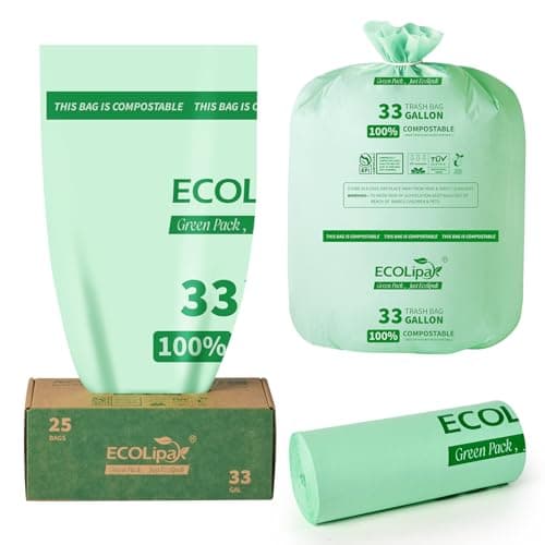 ECOLipak 33 Gallon Compostable Trash Bags, 25 Count (1 Roll) Biodegradable Heavy Duty Large Outdoor Garbage Trash Bags for Lawn/Yard, US BPI ASTM D6400 and OK Compost Home Certified image