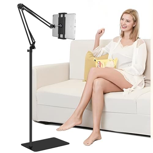 Tablet Floor Stand with Heavy Duty Base, Overhead Bed phone Stand Angle Height Adjustable image