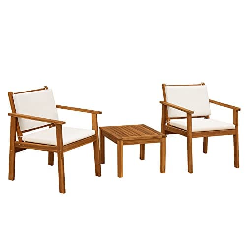 Flamaker Patio Chairs 3 Piece Acacia Wood Patio Furniture with Coffee Table & Cushions Outdoor Conversation Set Balcony Chairs for Porch, Deck, Backyard image