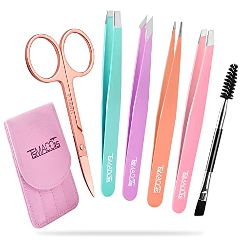 TsMADDTs 6 PCS Tweezers Set for Women, Eyebrow Tweezers with Curved Scissor for Ingrown Hair, Hair Plucking Daily Beauty Tools with Leather Travel Case image