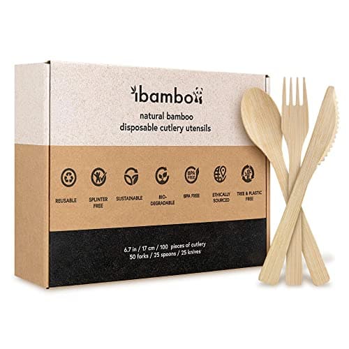 Ibambo 100% Bamboo Utensils Set - 100x Compostable Cutlery Set (50 Compostable Forks, 25 Disposable Spoons, 25 Biodegradable Knives) | Bamboo Silverware | FSC Certified for Weddings, Camping, Party image
