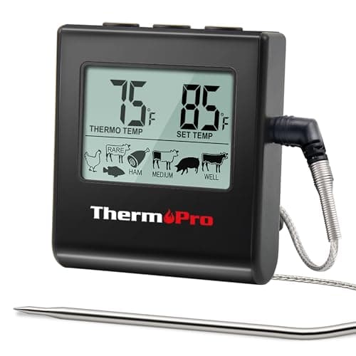 ThermoPro TP16 Large LCD Digital Meat Thermometer for Cooking, Smoking, Grilling, BBQ Food Thermometer with Clock Timer and Stainless Steel Probe, Black image