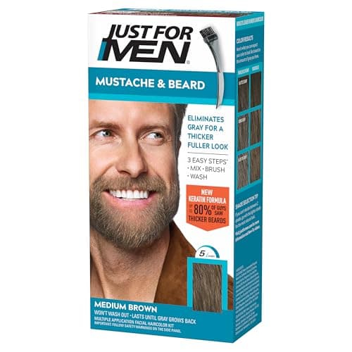 Just For Men Mustache & Beard, Beard Dye for Men with Brush Included for Easy Application, With Biotin Aloe and Coconut Oil for Healthy Facial Hair - Medium Brown, M-35, Pack of 1 image
