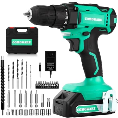 COMOWARE 20V Cordless Drill, Electric Power Drill Set with 1 Battery & Charger, 3/8” Keyless Chuck, 2 Variable Speed, 266 In-lb Torque, 25+1 Position and 34pcs Drill/Driver Bits image